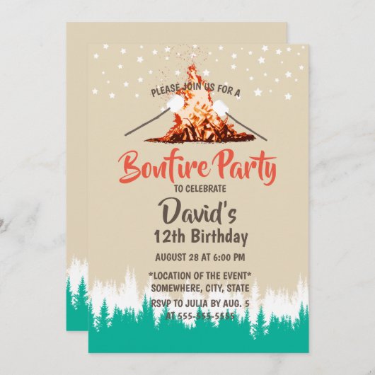 Bonfire Birthday Party Forest Camping Einladung (Vorne/Hinten)