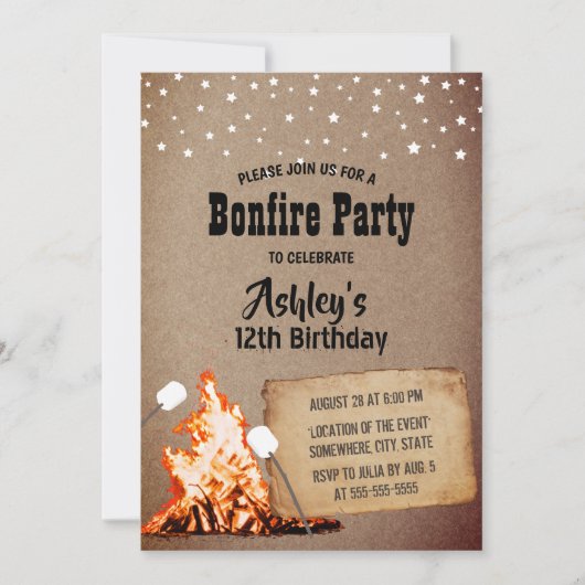 Bonfire Birthday Party Rustic Kraft Einladung (Vorderseite)