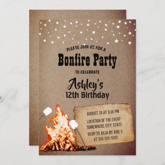 Bonfire Birthday Party Rustic Kraft Einladung (Vorne/Hinten)