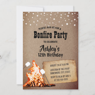 Bonfire Birthday Party Rustic Kraft Einladung
