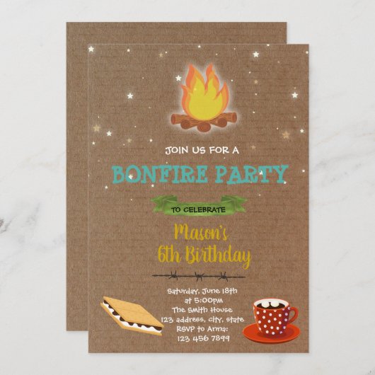Bonfire Party Geburtstagseinladung Einladung (Vorne/Hinten)