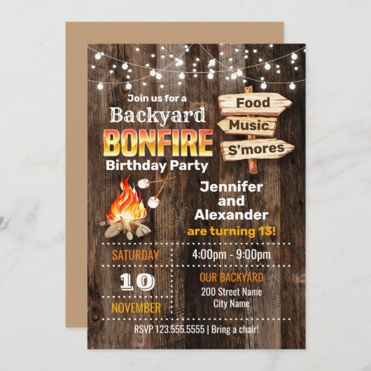 Bonfire Siblings Geburtstagsparty Einladung (Vorne/Hinten)