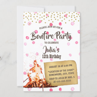 Bonfire & S'mores Camping Pink Dots Geburtstagspar Einladung