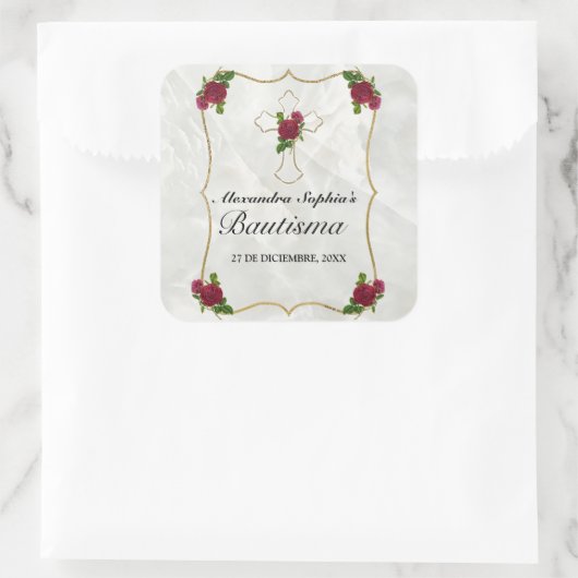 Bonito bautismo de niñas con cruz de oro rosa roja quadratischer aufkleber (Tasche)