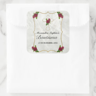 Bonito bautismo de niñas con cruz de oro rosa roja quadratischer aufkleber