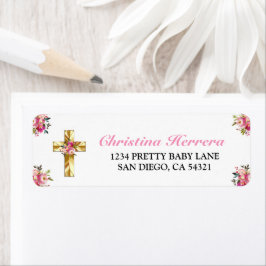 Bonito Rosa Floral Oro Cruz Bautismo