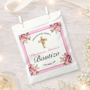 Bonito Rosa Floral Oro Cruz Bautismo Gracias Geschenktütchen