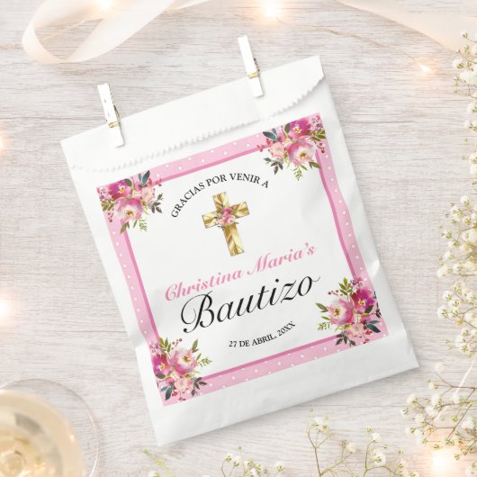 Bonito Rosa Floral Oro Cruz Bautismo Gracias Geschenktütchen (Ausgeschnitten)