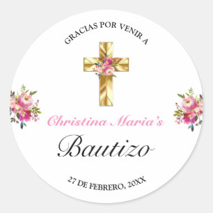 Bonito Rosa Floral Oro Cruz Bautismo Gracias Runder Aufkleber