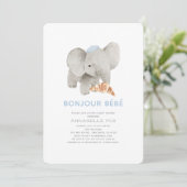 Bonjour Bébé Blue Beret Elephant Baby Dusche Einladung (Stehend Vorderseite)