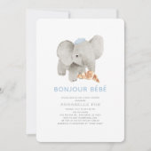 Bonjour Bébé Blue Beret Elephant Baby Dusche Einladung (Vorderseite)