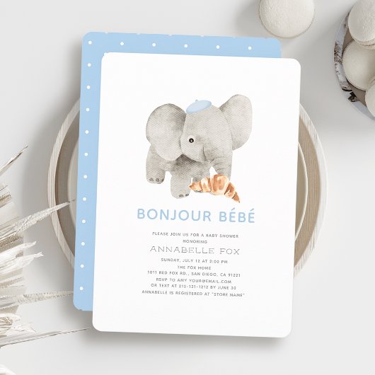 Bonjour Bébé Blue Beret Elephant Baby Dusche Einladung