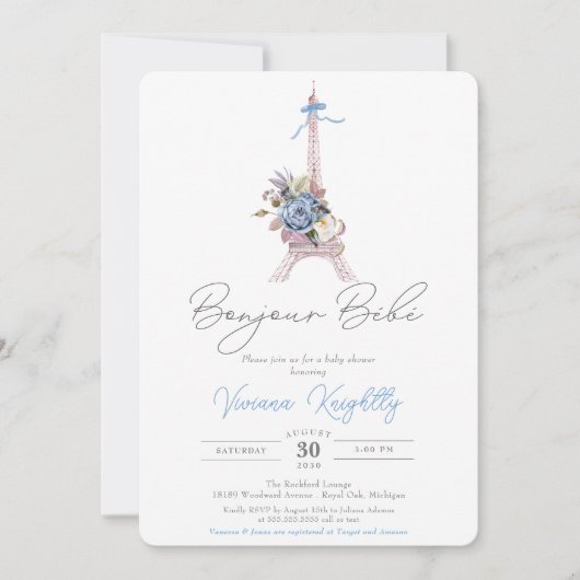 Bonjour Bebe, Blue Floral Eiffel Paris Baby Dusche Einladung (Vorderseite)