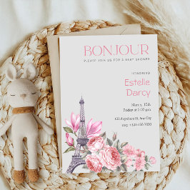 Bonjour Bebe | Blumenfranzösischer Babydusche Einladung