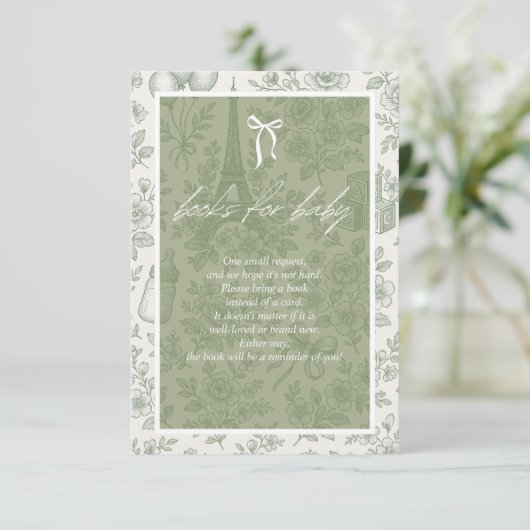 Bonjour Bebe Books for Baby Sage Green French Jouy Begleitkarte (Stehend Vorderseite)