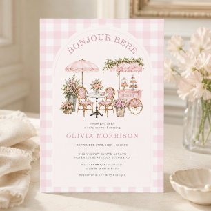 Bonjour Bebe Café Rosa Gingham Mädchen Baby-Party  Einladung