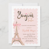 Bonjour Bébé Eiffel Tower Bow Striped Baby Shower Einladung (Vorderseite)