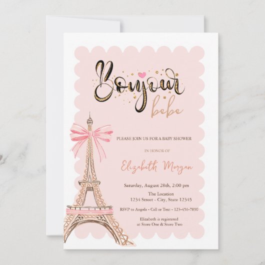 Bonjour Bébé Eiffel Tower Bow Striped Baby Shower Einladung (Vorderseite)