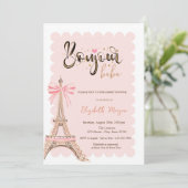 Bonjour Bébé Eiffel Tower Bow Striped Baby Shower Einladung (Stehend Vorderseite)