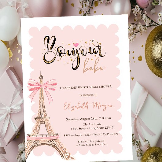 Bonjour Bébé Eiffel Tower Bow Striped Baby Shower Einladung