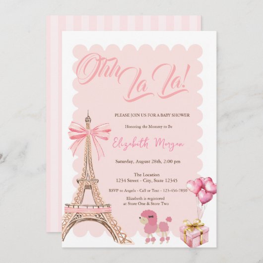 Bonjour Bébé Eiffel Tower Bow Striped Baby Shower Einladung (Vorne/Hinten)