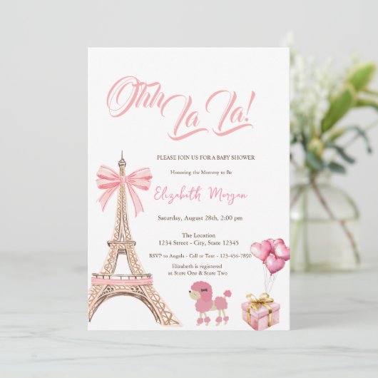Bonjour Bébé Eiffel Tower Pink Bow Present Poodle Einladung (Stehend Vorderseite)