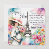 Bonjour Bebe Floral Eiffel Tower Paris Baby Dusche Dankeskarte (Vorderseite)