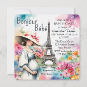 Bonjour Bebe Floral Eiffel Tower Paris Baby Dusche Einladung (Vorderseite)