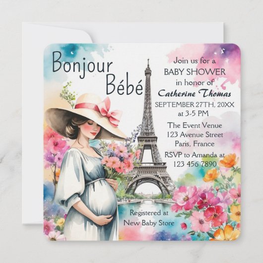 Bonjour Bebe Floral Eiffel Tower Paris Baby Dusche Einladung (Vorderseite)