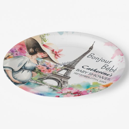 Bonjour Bebe Floral Eiffel Tower Paris Baby Dusche Pappteller (Schrägansicht)
