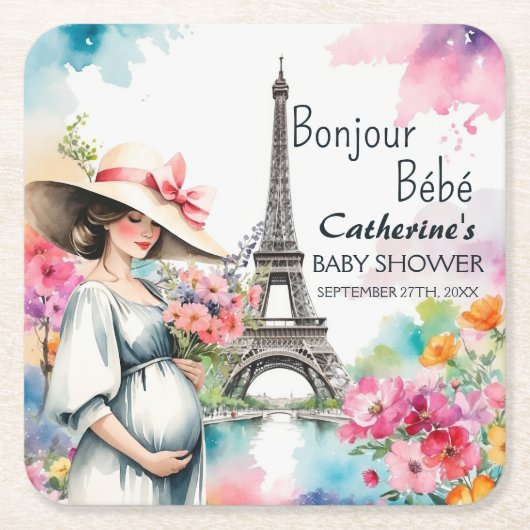 Bonjour Bebe Floral Eiffel Tower Paris Baby Dusche Rechteckiger Pappuntersetzer (Vorderseite)