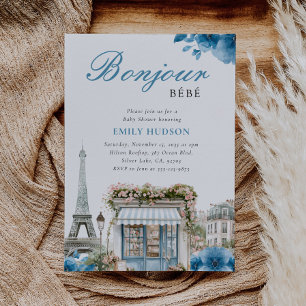 Bonjour Bebe Französisch Blau Baby Shower Einladun Einladung