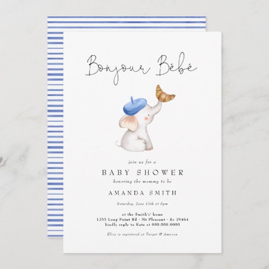 Bonjour Bebe Französisch Elephant Baby Boy Dusche  Einladung (Vorne/Hinten)