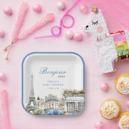 Bonjour Bebe French Blue Baby Shower Pappteller (Party)