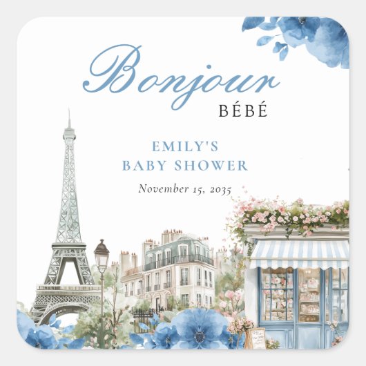 Bonjour Bebe French Blue Baby Shower Quadratischer Aufkleber (Vorderseite)