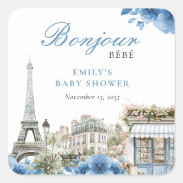 Bonjour Bebe French Blue Baby Shower Quadratischer Aufkleber