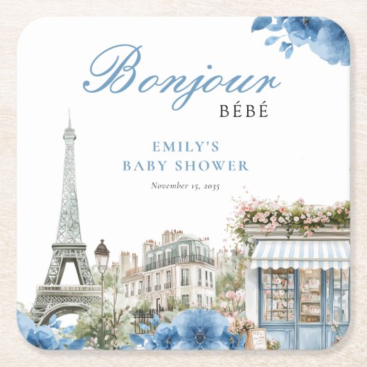 Bonjour Bebe French Blue Baby Shower Rechteckiger Pappuntersetzer (Vorderseite)