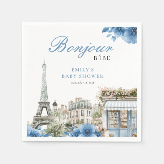 Bonjour Bebe French Blue Baby Shower Serviette (Vorderseite)