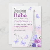 Bonjour Bebé French Eiffel Lavender Butterflies Einladung (Vorderseite)