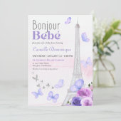 Bonjour Bebé French Eiffel Lavender Butterflies Einladung (Stehend Vorderseite)