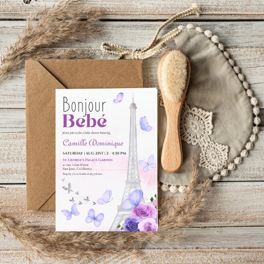 Bonjour Bebé French Eiffel Lavender Butterflies Einladung