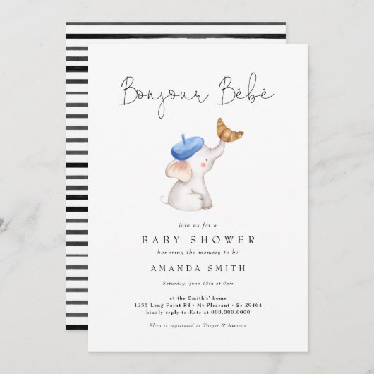 Bonjour Bebe French Elephant Baby Boy Dusche Einladung (Vorne/Hinten)