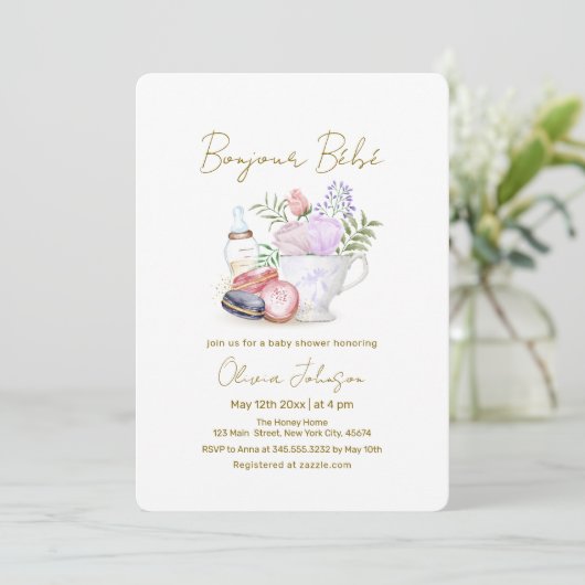 Bonjour Bébé French Macarons Milk Tea Baby Dusche Einladung (Stehend Vorderseite)