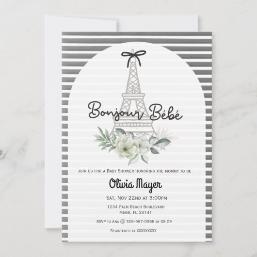 Bonjour Bebe French Paris Elegant Baby Shower Einladung (Vorderseite)