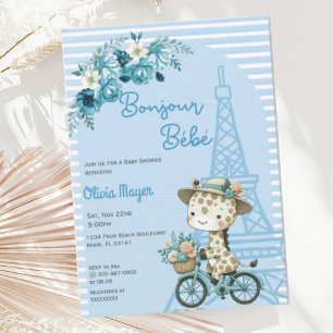 Bonjour Bebe French Paris Giraffe Blue Baby Dusche Einladung