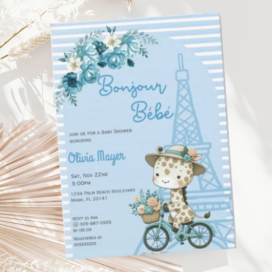Bonjour Bebe French Paris Giraffe Blue Baby Dusche Einladung