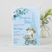 Bonjour Bebe French Paris Giraffe Blue Baby Dusche Einladung (Stehend Vorderseite)
