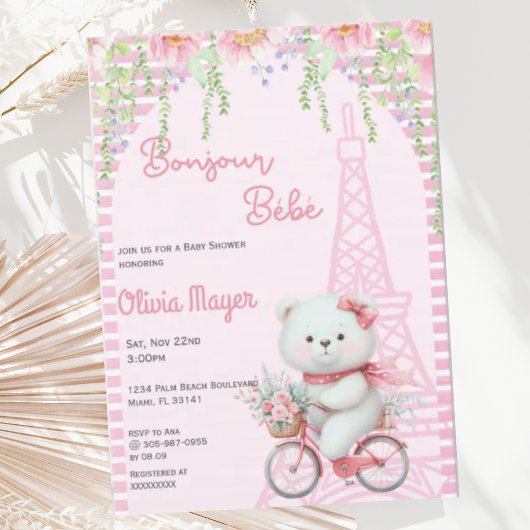 Bonjour Bebe French Paris Pink Bear Baby Dusche Einladung