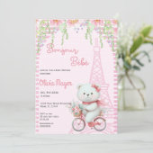 Bonjour Bebe French Paris Pink Bear Baby Dusche Einladung (Stehend Vorderseite)