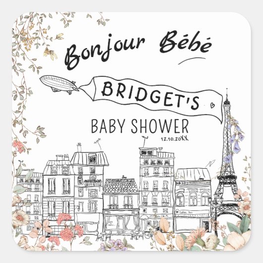 Bonjour Bebe Gender Neutral Baby Dusche Quadratischer Aufkleber (Vorderseite)